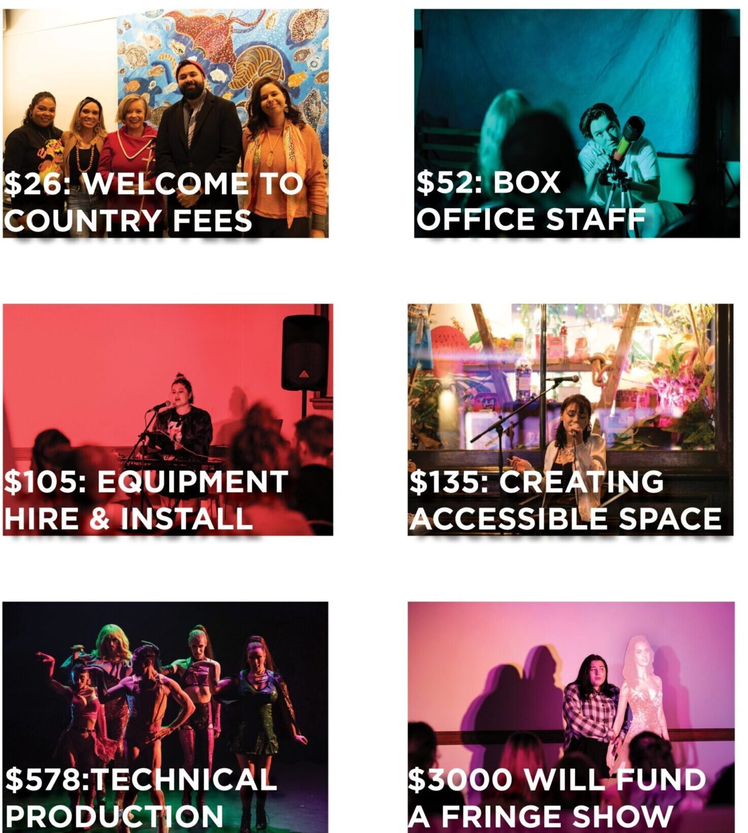 a six image gallery displaying different images of performers and text. 